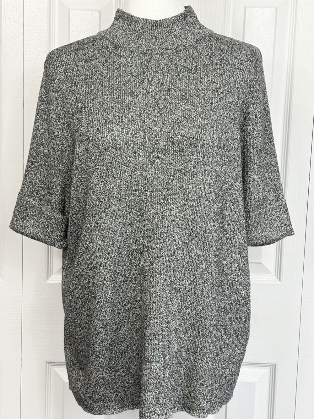 Chico's Heather Gray Marled Rib Knit Mockneck Cuffed Short Sleeve Sweater XL